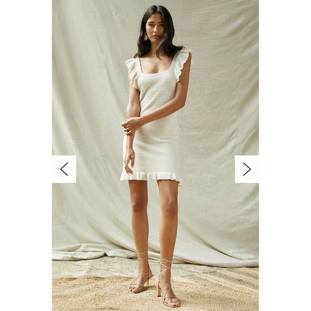 Anthropologie Ruffled Square Neck Pointelle Knit Cream Mini Dress XSP Coquette